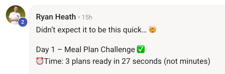 Coach testimonial confirming Day 1 completed in under 2 minutes