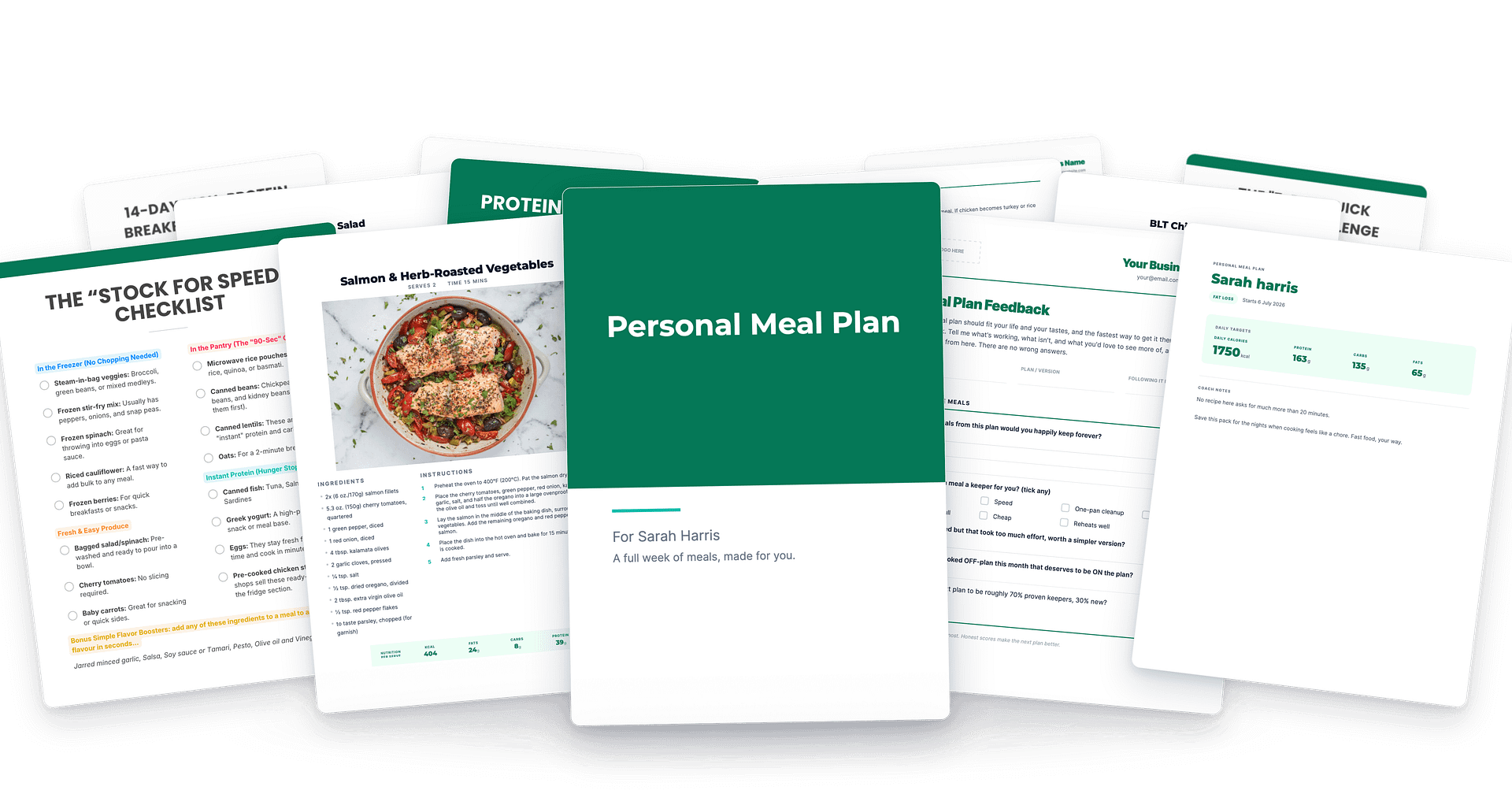 A layered spread of finished client deliverables: meal plans, recipe cards, guides, checklists and check-in forms, all branded as the coach's own