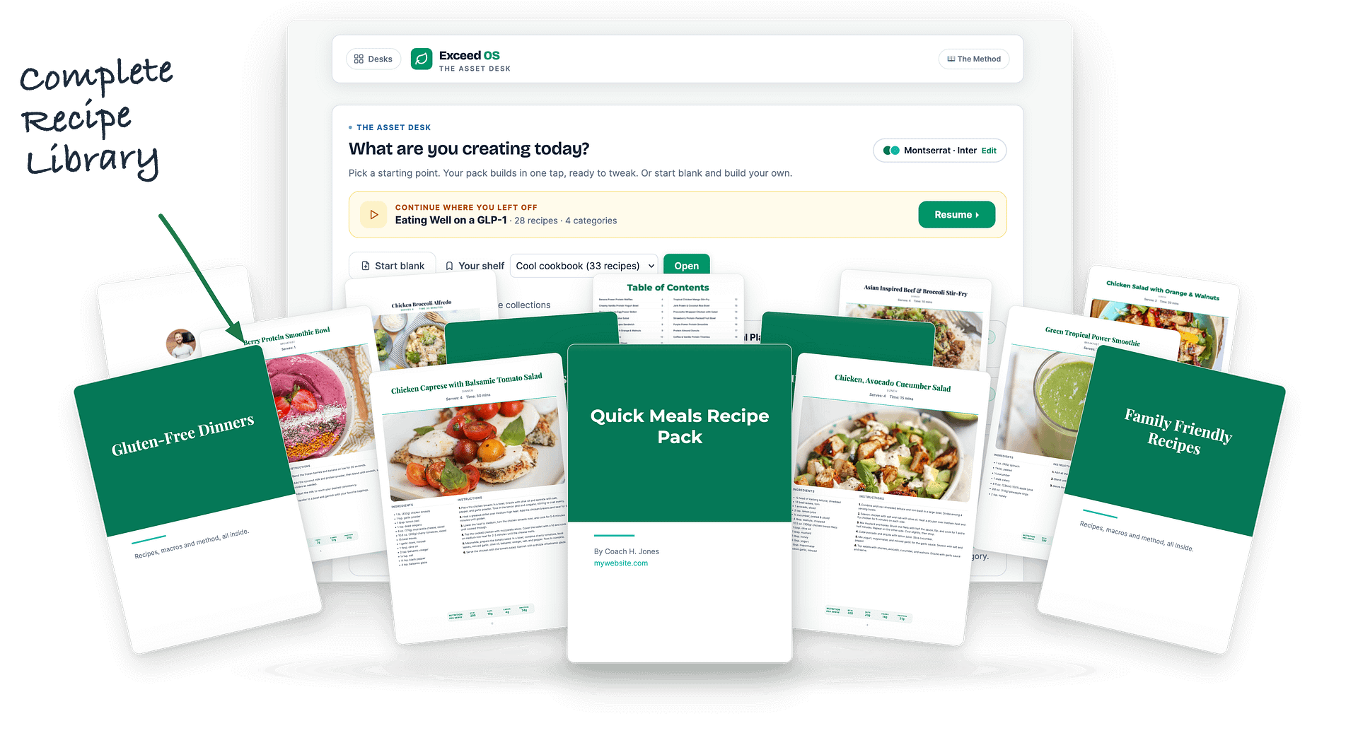 Finished client packs from the Asset Desk: recipe packs and client packs with their recipe pages, every one in the coach's own brand. A handwritten note reads: complete recipe library